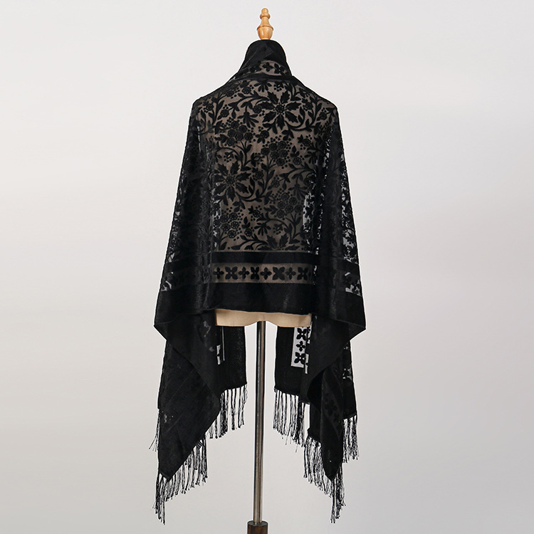 Velours Floral évider écharpe rétro ethnique gland écharpe velours Pashmina étole Babushka musulman Hijab plage Cheongsam châle