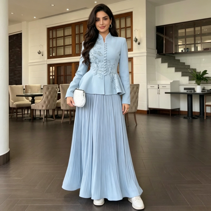 Ensemble 2 Pièces Jupes et Manteau Plissé pour Femme, Tenue de Fête Musulmane, Ensemble Brodé pour Ramadan, Veste Brodée Maroc Dubaï, Tenues Aïd