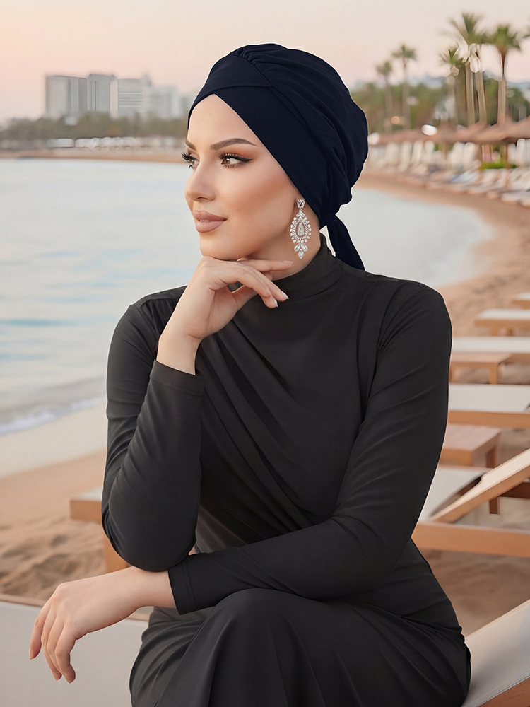 Hijab croisé en tricot pour femmes musulmanes, turban noir en polyester, foulard élégant et respirant pour la plage et les vacances quotidiennes