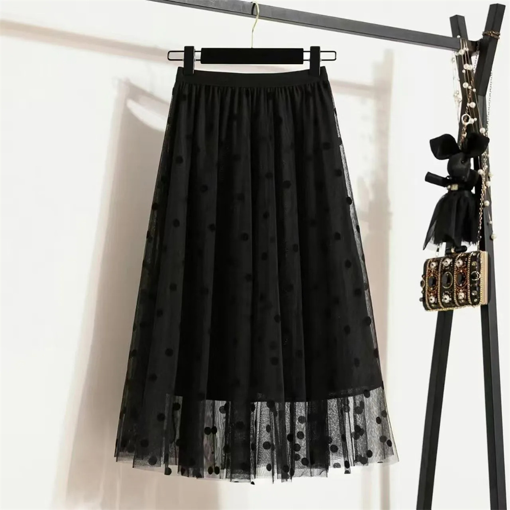 Jupe longue en maille floquée pour femme, style coréen, jupe midi en tulle à fleurs, taille haute, vintage, noire, à pois, pour l'été et l'automne