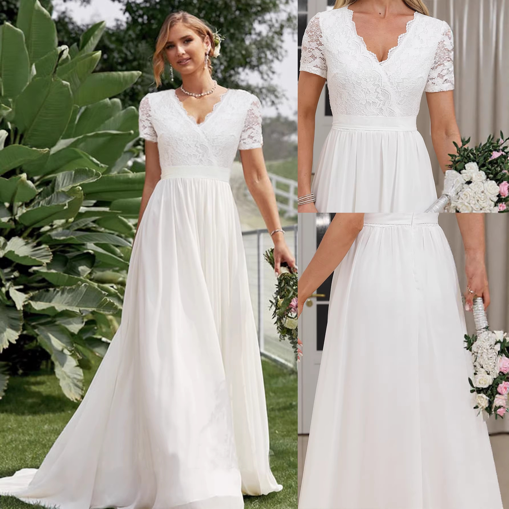 Robe longue en dentelle et mousseline de soie à col en V, robe de soirée, robes maxi fluides pour le printemps et l'été