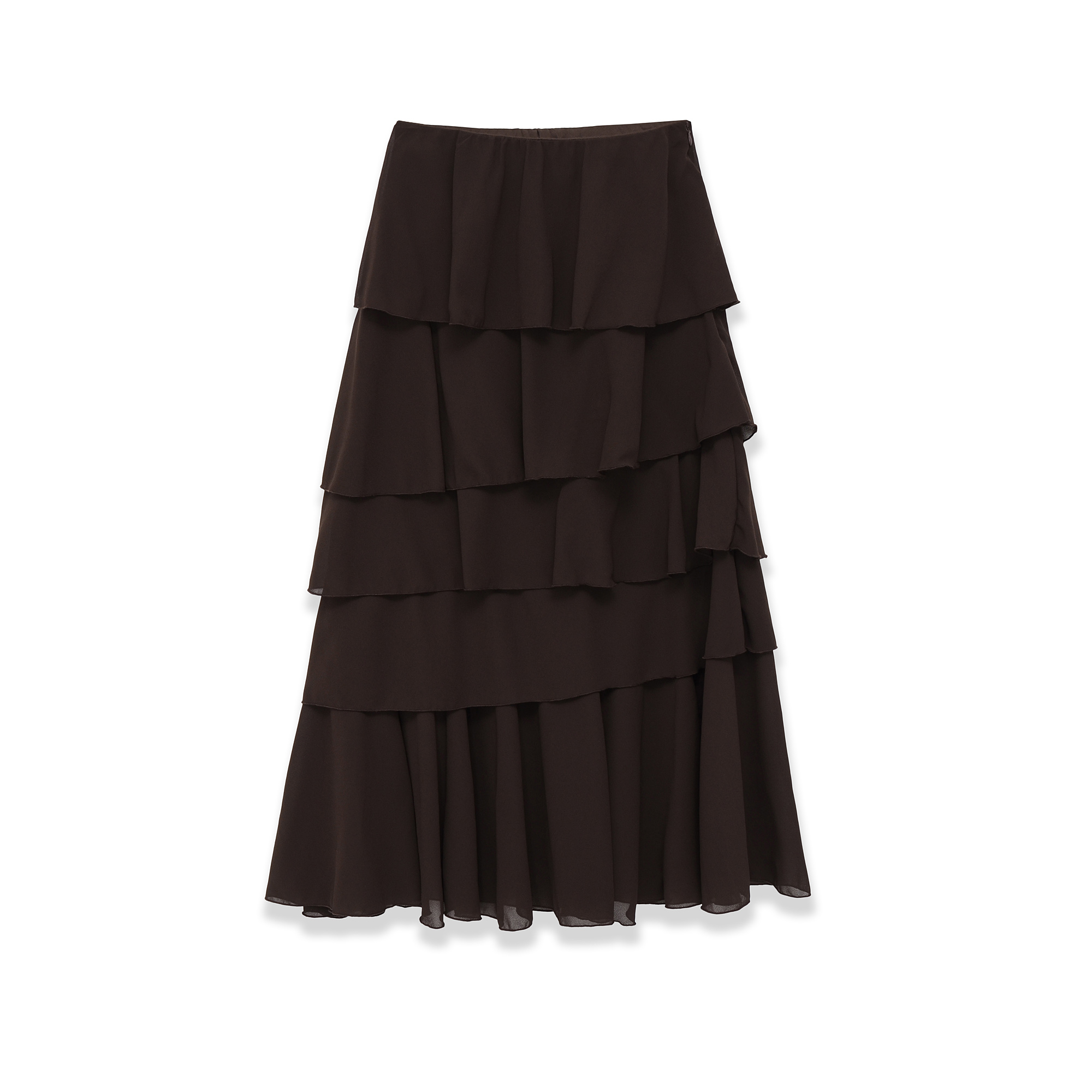 Jupe longue vintage marron à volants, élégante, pour soirée, trajet quotidien, style urbain moderne, mode streetwear, collection Printemps 2026 pour femme