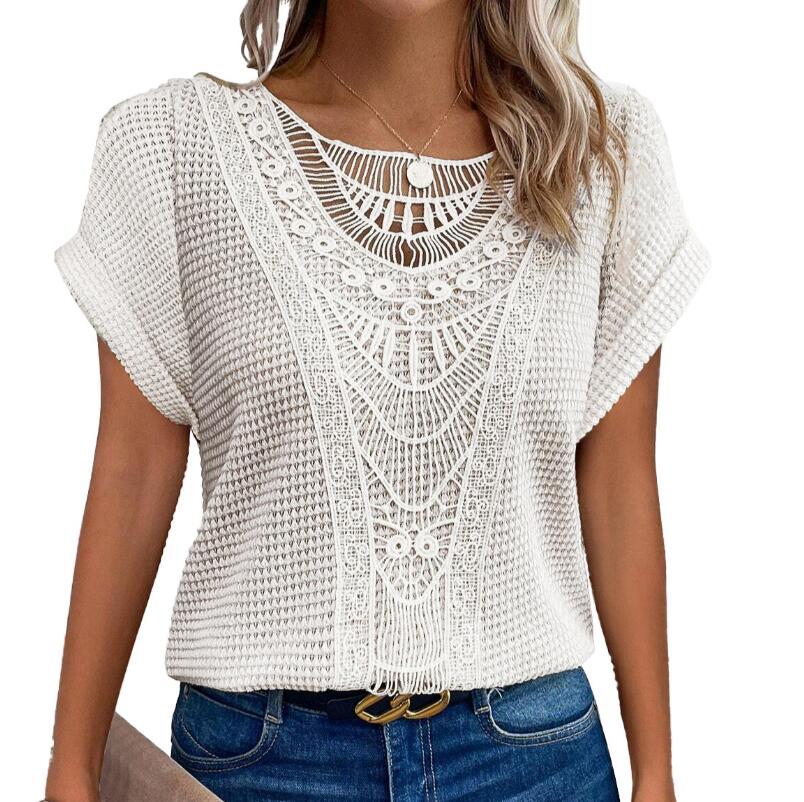 Mode dentelle couture T-shirt pour femmes hauts été décontracté col rond bureau dames vêtements à manches courtes t-shirts amples femmes