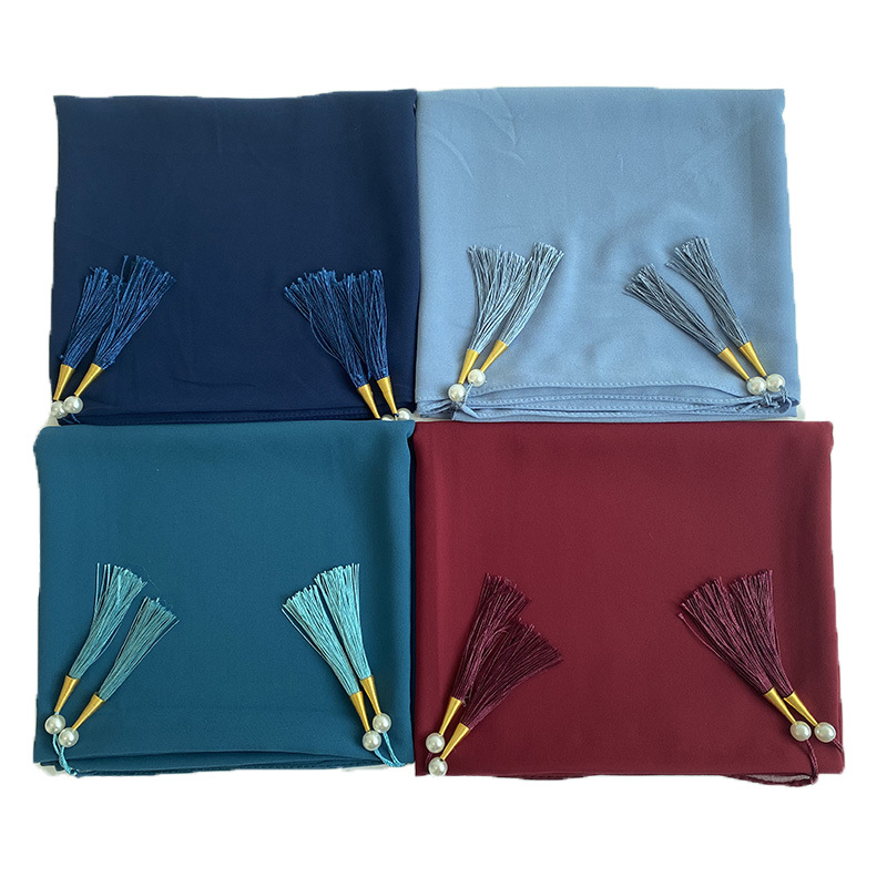 Hijab en mousseline de soie à bulles pour femmes, décoration de gland, document solide, longs châles féminins, foulard, bande de sauna, turbans islamiques pour femmes