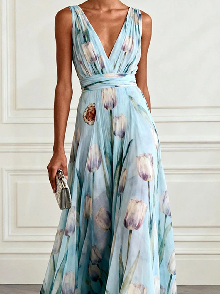Robe longue fluide DFCF pour banquet, robes maxi décontractées, nouvelle robe de soirée longue en mousseline de soie à imprimé tulipes, sans manches, col en V, robe élégante