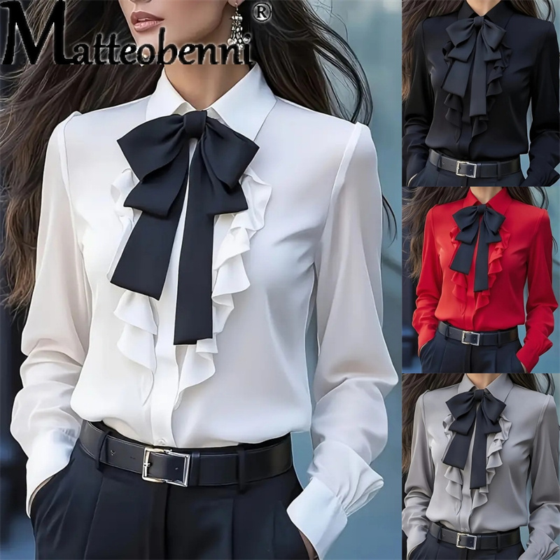 2025 femmes Blouse automne couleur unie à lacets nœud à volants conception chemises décontracté ample à manches longues chemise bureau dames Blusas Mujer