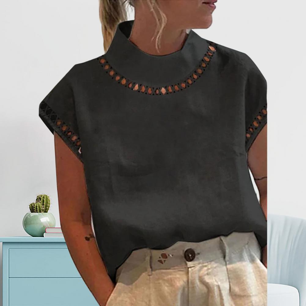 Femmes décontracté col rond coton lin Blouses printemps évider épissage bureau haut été à manches courtes en vrac Vintage vêtements chemises