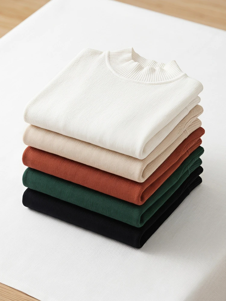 T-shirts élégants coréens à col roulé pour femme, collection été-automne 2026 – Pulls décontractés et polyvalents de couleur unie, tendance