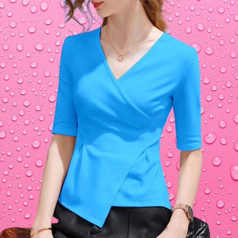 4XL 2023 femmes chemisiers d'été col en v dame mode décontracté à manches courtes bureau Sexy couleur unie vêtements hauts et t-shirts WY0856