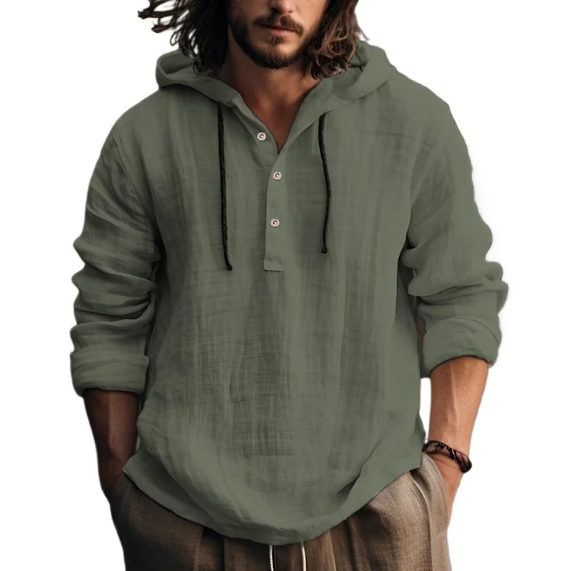 T-shirt à capuche décontracté en coton et lin pour hommes, chemisier à manches longues, vacances, plage, printemps, tunique unie, chemise ample à capuche