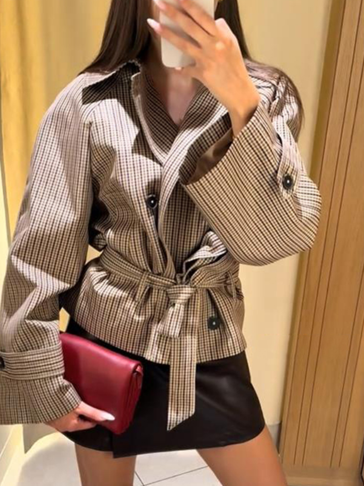 Manteau Trench Court à Carreaux, Col à Revers, Double Boutonnage, Ceinturé, Manches Longues, Manteaux Polyvalents pour Femmes, Tenue de Trajet Automne 2026