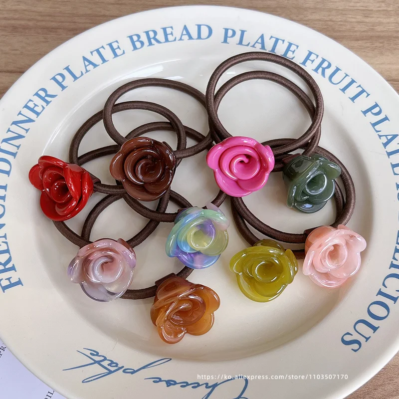 Anneau de cheveux de fleur de rose française, Corée du Sud, Corde de tête de queue de cheval haute attachée, Boule de tête de bourgeon de fleur, Corde de cheveux de tendon de feuille