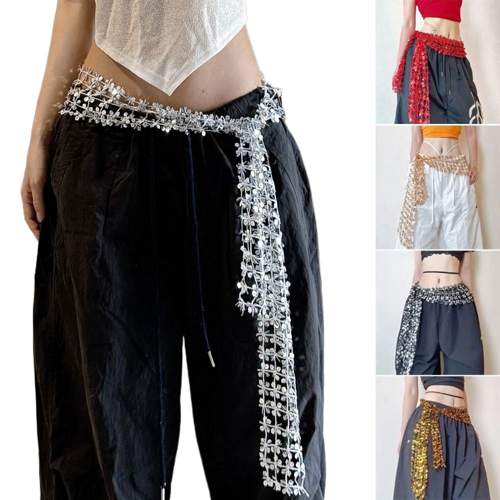 Ceinture de danse ajustable style hip-hop avec pompons et sequins brillants, jupe enveloppante