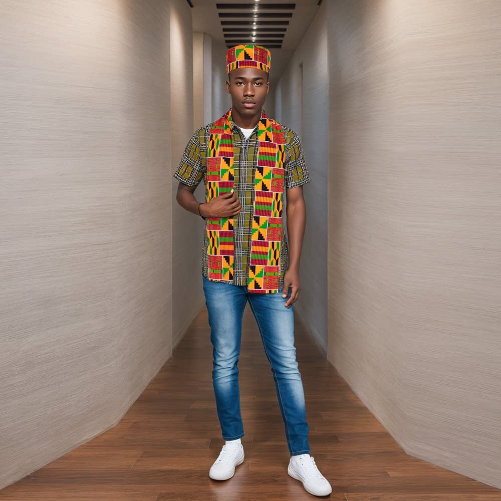 Ensemble de costumes de Cosplay à motif Kente africain, 2 pièces, avec chapeau Kufi, écharpe, étole, ceinture, histoire noire, accessoires de fête à thème africain