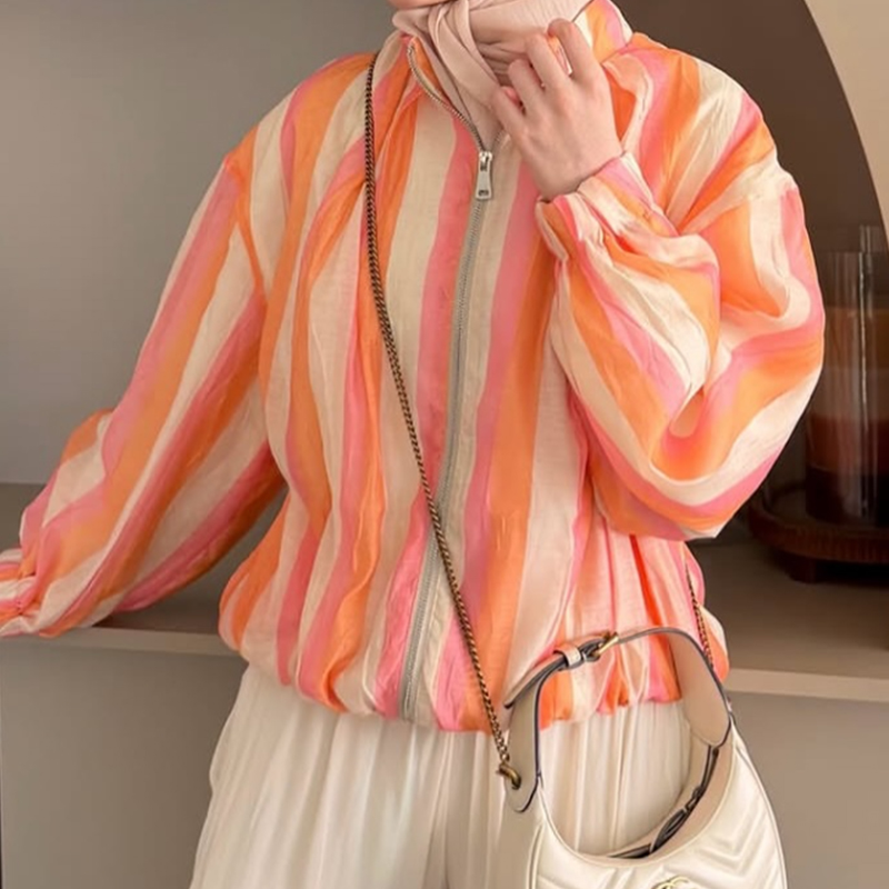 Veste pour femme 2026 Nouvelle collection été à manches longues, coupe ample, à rayures, élégante et chic, avec une touche de personnalité, vêtement d'extérieur pour femme