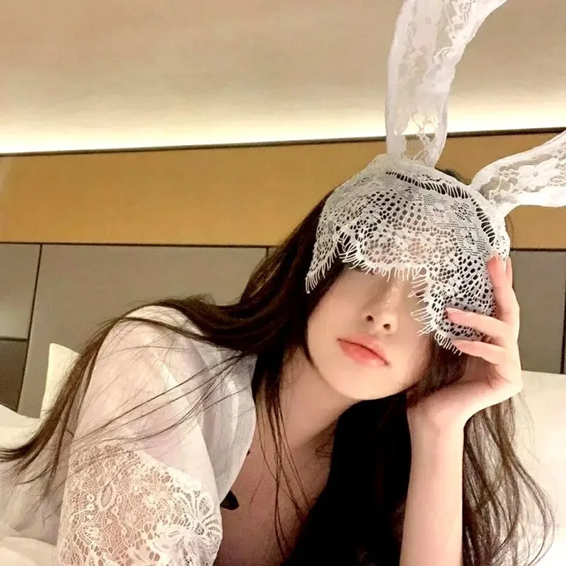 Bandeau oreilles de lapin noir et blanc, masque en dentelle, cerceau d'oreille de lapin, décoration de fête, Rhcosplay, costume d'Halloween, bandes de sauna