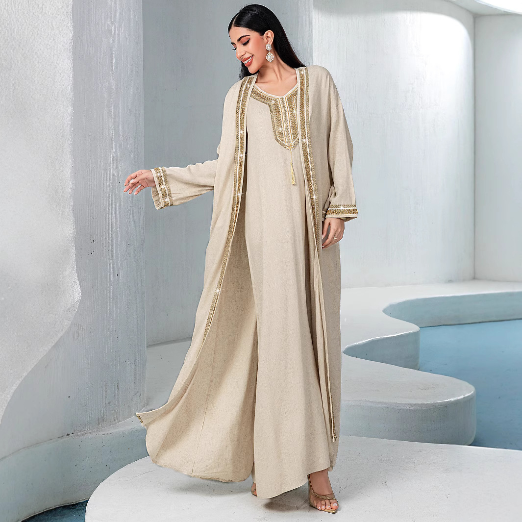 Ensemble 2 pièces tendance pour femme musulmane du Moyen-Orient : Manteau et robe intérieure en coton et lin, brodés de perles, couleur abricot, style simple et basique