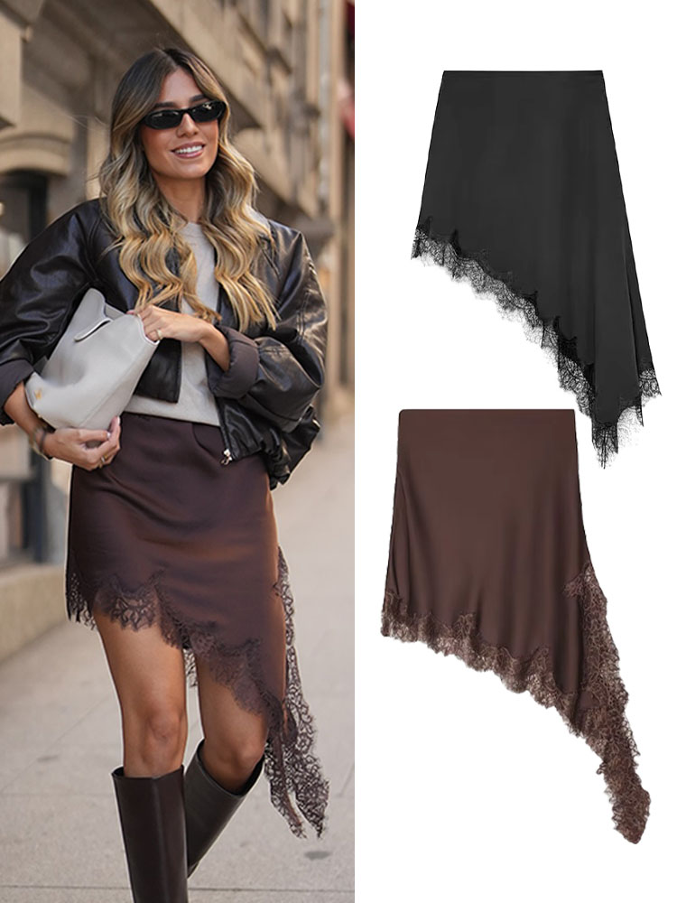 HH femmes 2025 nouvelle mode Simple asymétrique dentelle jupe femme élégante Sexy soie Satin Texture taille moyenne décontractée polyvalente jupe