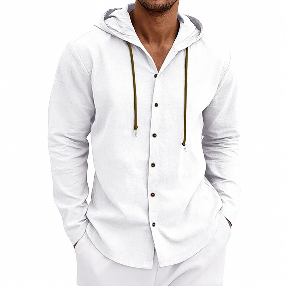 Chemise à capuche pour homme en coton et lin, couleur unie, style simple, avec cordon de serrage, style basique, confortable, légère, décontractée, à boutons