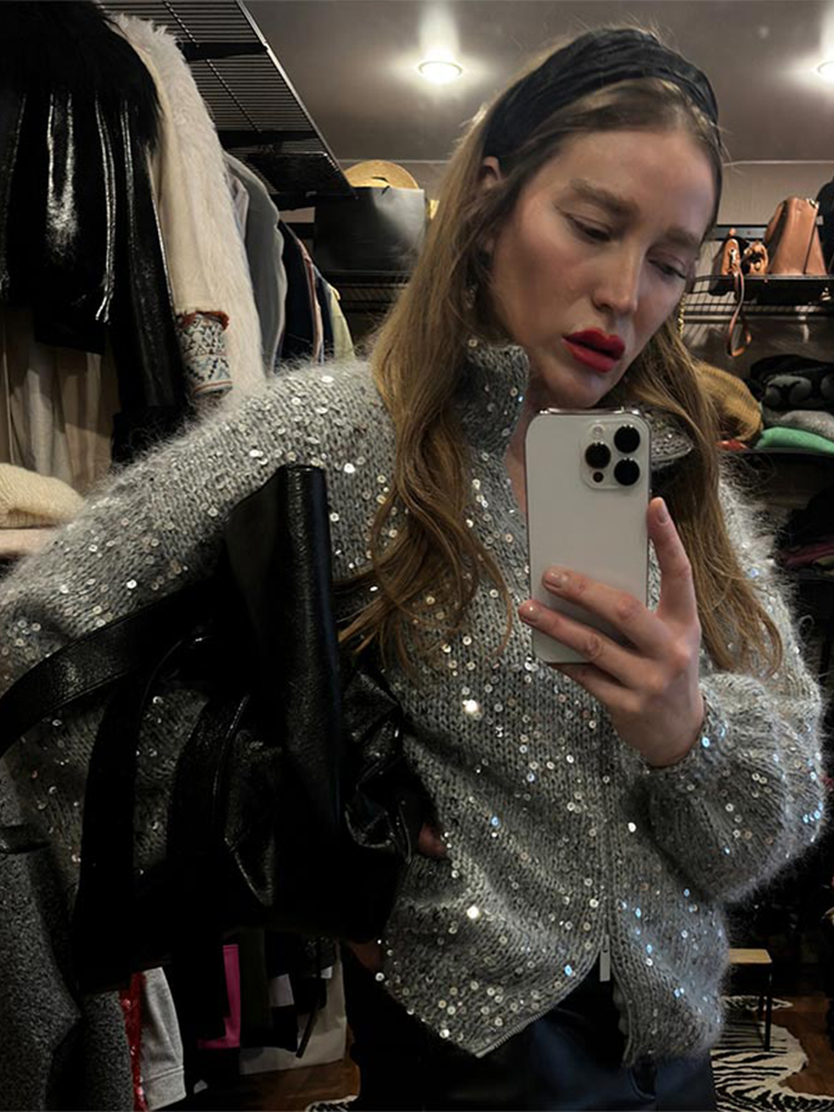 Cardigan tricoté à paillettes pour femme, Chic, couleur unie, col montant, Double fermeture éclair, pull surdimensionné, tricot, élégant, hiver