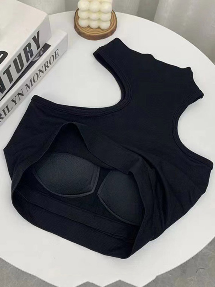 Top tricoté sans manches pour femme, haut court, épaules dénudées, col licou, soutien-gorge intégré, camisole, tendance