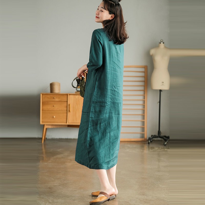 Robe longue en coton et lin pour femmes, style vintage, col en v, couleur unie, nouvelle collection été 2024, B3334