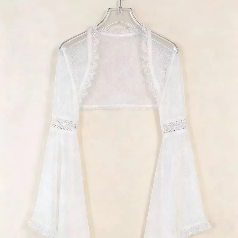 Boléro en dentelle transparente à manches longues évasées, style elfe, pour mariée, avec volants, châle, couvre-robe, veste ouverte Lolita, cardigan