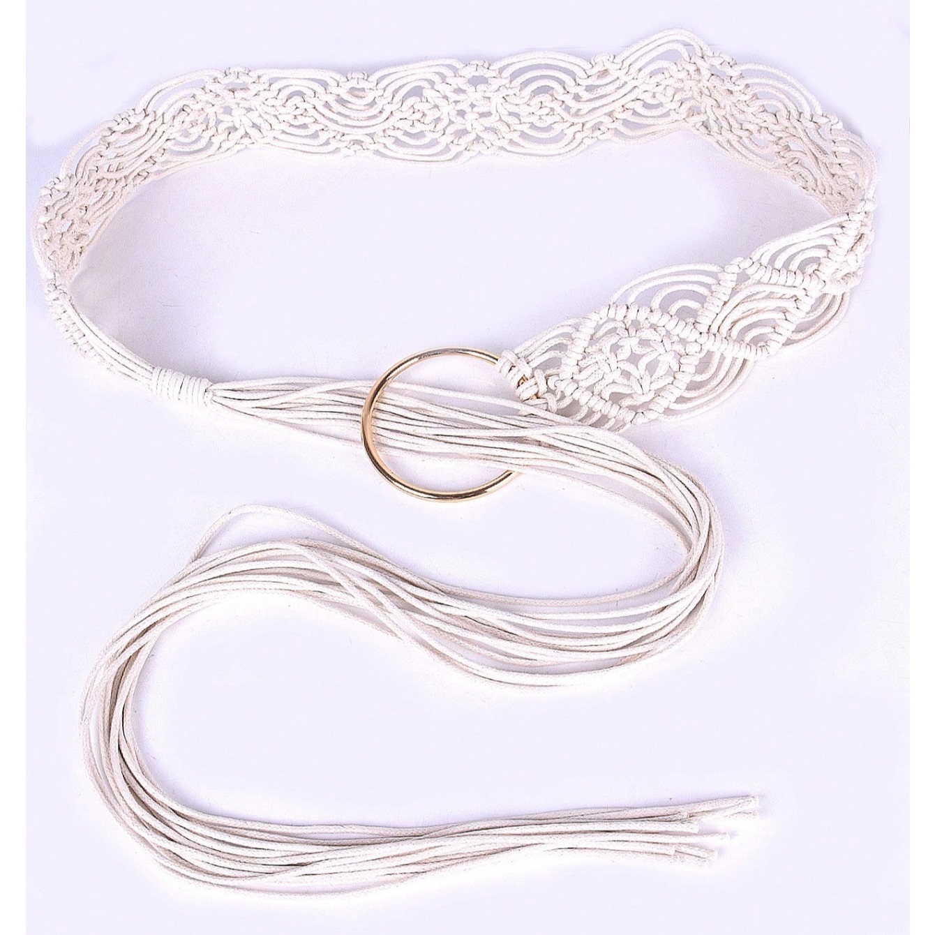 Ceinture tressée bohème ethnique pour femme avec grande boucle en O argentée, ceinture beige à pompons pour femme