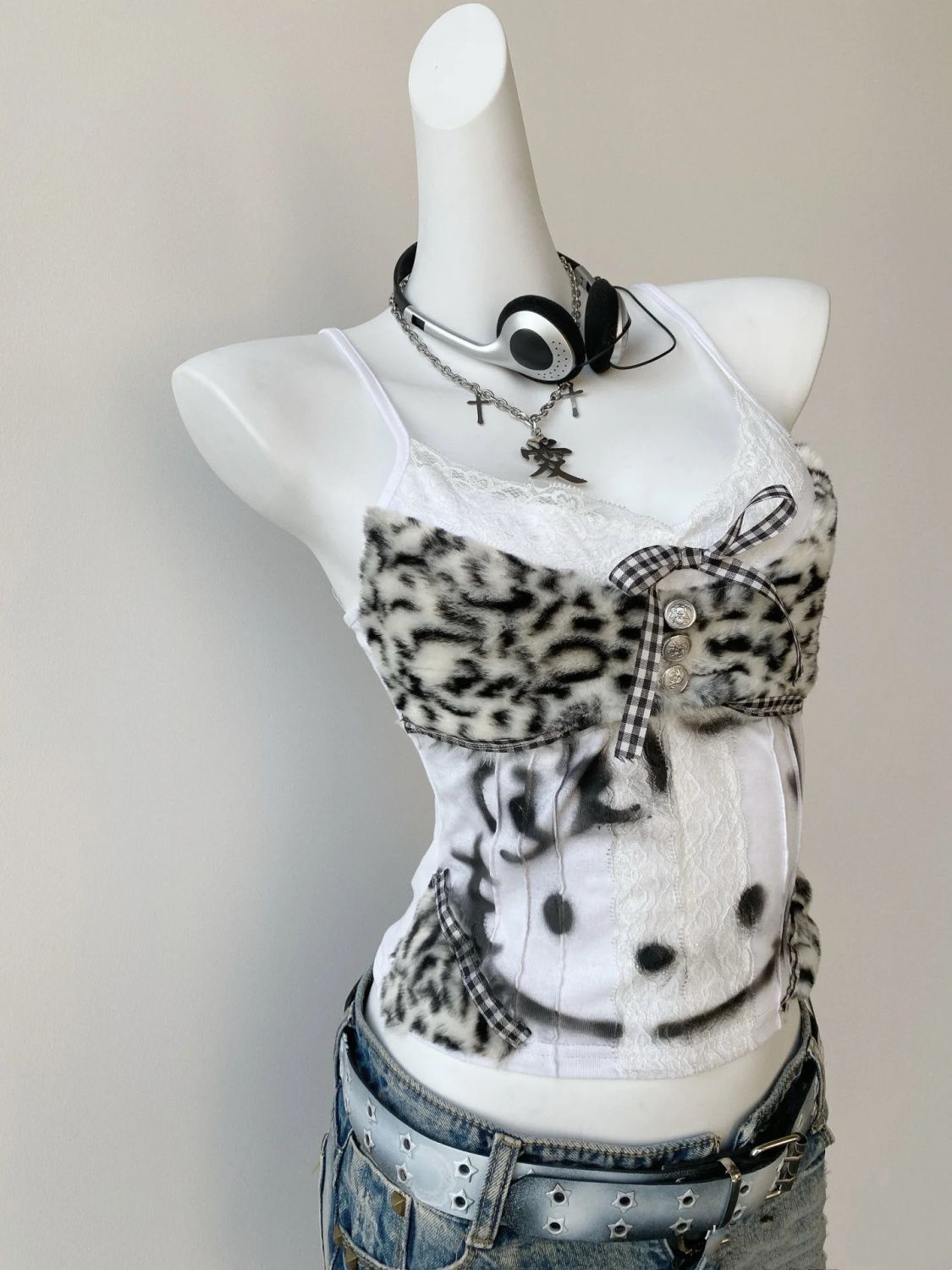 Débardeur léopard Patchwork pour femmes, garniture en dentelle, Camisole sans manches avec détail de nœud, esthétique Grunge, Sexy, Streetwear, gilet 2025