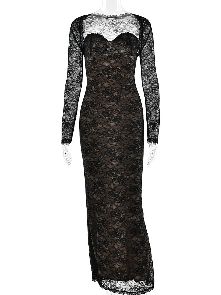 Chaxiaoa dentelle à manches longues Sexy robe Maxi femmes élégant col carré sans bretelles dos nu fendu moulante Club fête longue robe