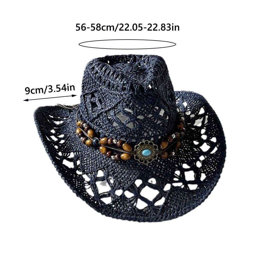 Chapeau de paille bohème Vintage pour femmes et hommes, chapeaux de Cowboy occidentaux, perles en bois, chapeau de soleil ajouré, casquette de vacances, été