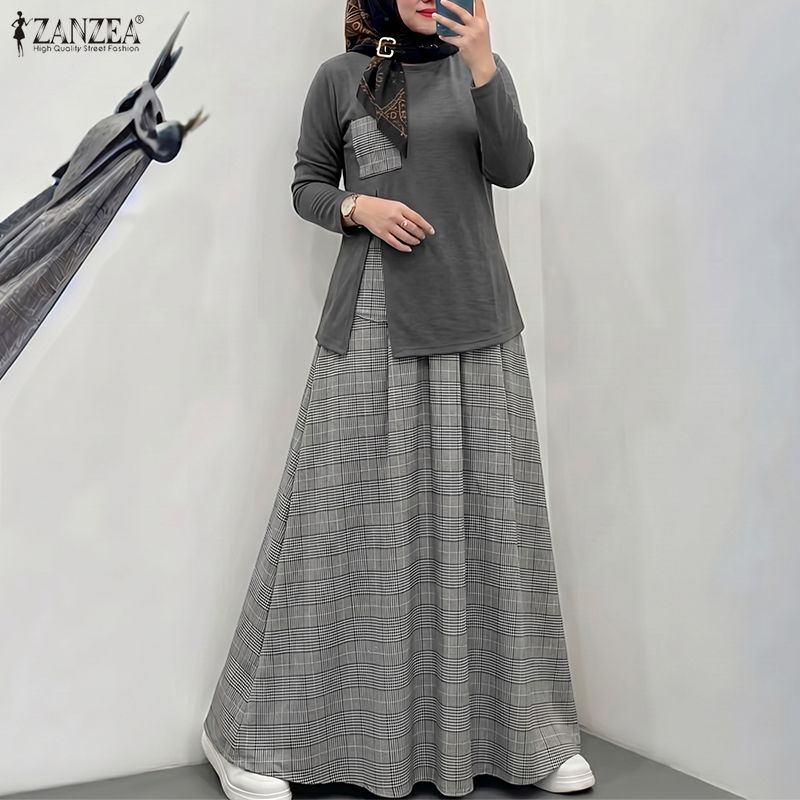 ZANZEA – tenue en patchwork à carreaux pour femmes, ensemble 2 pièces musulman, chemisier décontracté à col rond et manches longues, jupe longue trapèze, ensembles assortis
