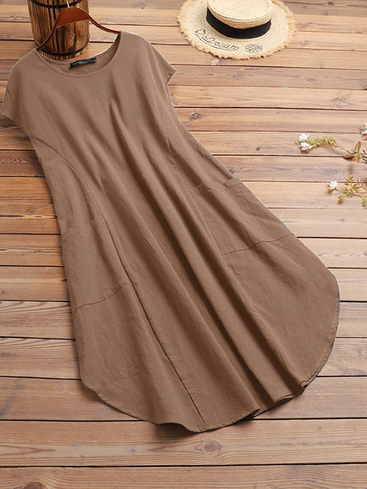 2025 ZANZEA mode été Robe d'été femmes solide Robe ample à manches courtes caftan genou longueur Robe décontracté coton travail robes
