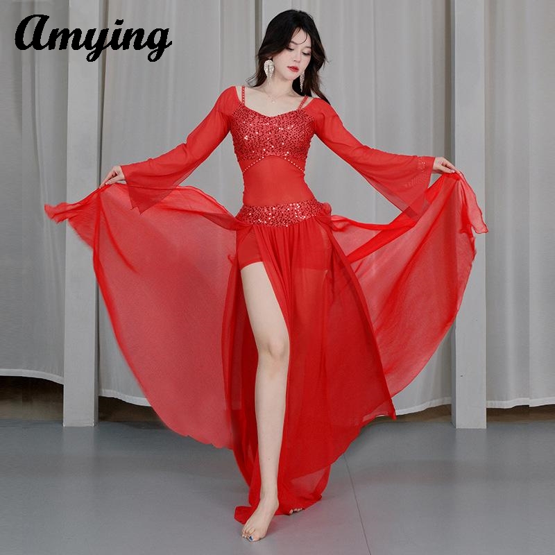Ensemble de costumes de danse du ventre, nouvelle maille à paillettes, Costume de spectacle sur scène, jupe longue de danse orientale, vêtements d'entraînement pour la pratique de la danse