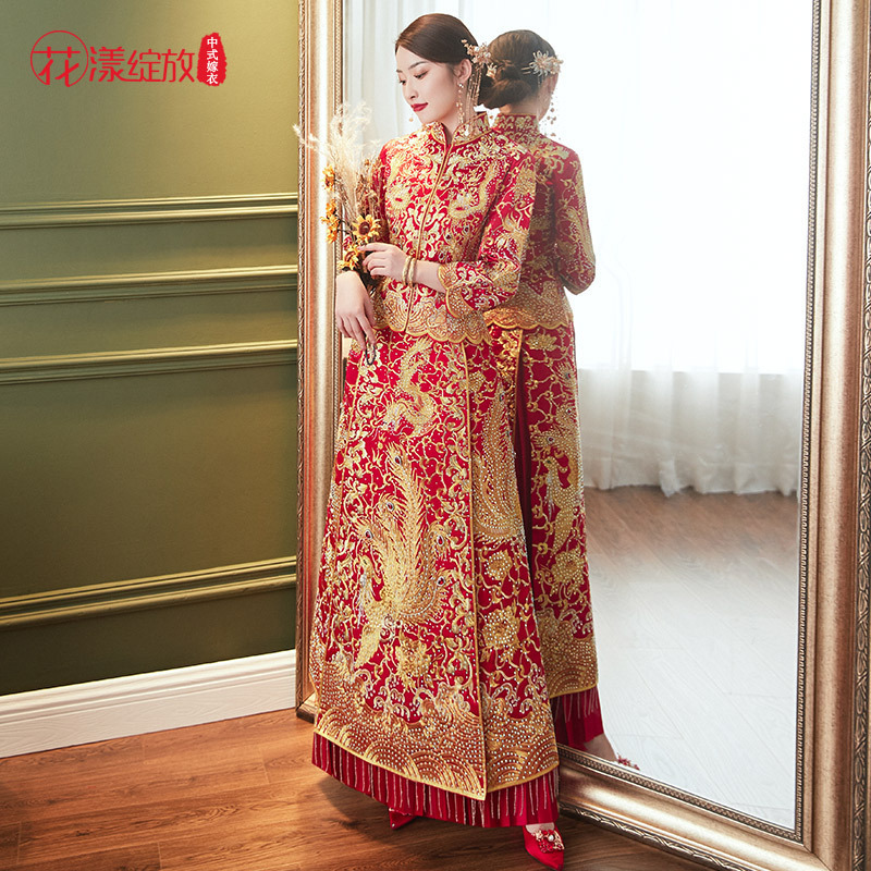 Robe de mariée longue brodée de phénix chinois, pour Banquet classique, Vintage, moderne, vêtements traditionnels