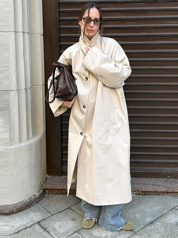 Manteau trench mi-long pour femme, col montant, simple boutonnage, manches longues, coupe droite oversize, automne, décontracté, polyvalent, streetwear