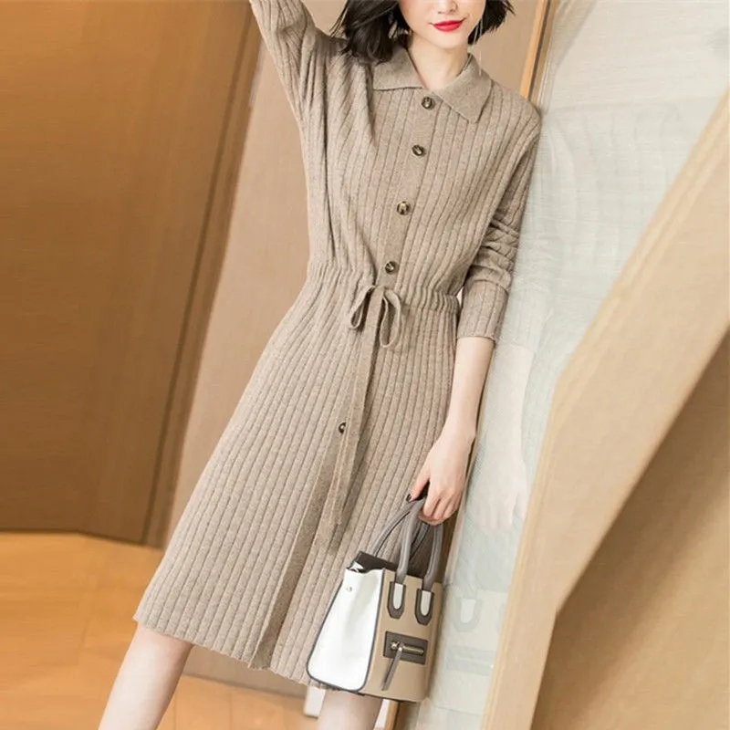 Robe pull ample en maille avec lacets, nouvelle collection printemps 2026, taille XXXL, haut de gamme, col rabattu, robe longue tricotée pour femme, robe d'automne