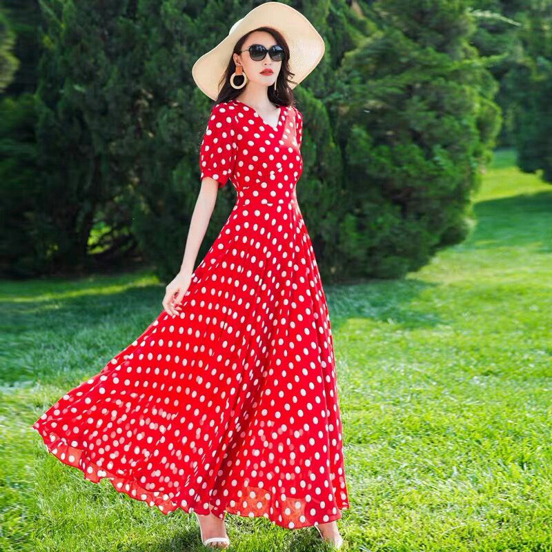 Robe longue en mousseline de soie à pois rouges pour femmes, nouvelle collection été, style bohème, pour les vacances à la plage, robe élégante pour femmes