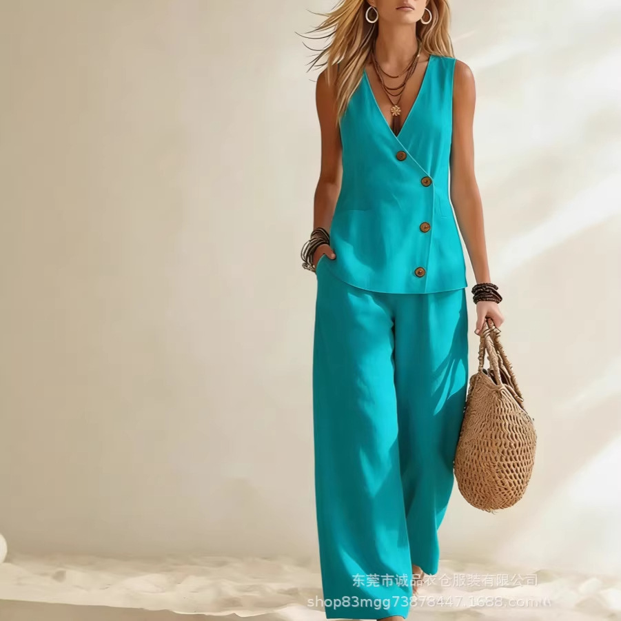 Ensemble 2 pièces mode pour femme : Gilet sans manches à col en V profond et pantalon large ample, idéal pour les vacances d'été