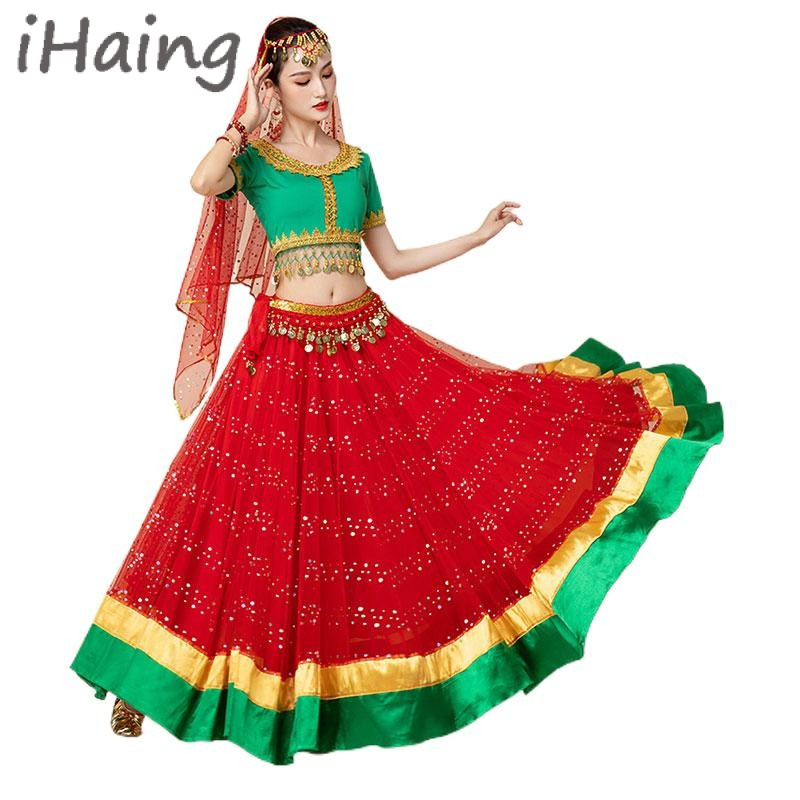Ensemble de costumes de danse du ventre Bollywood pour femmes, hauts brillants, jupe, ceinture de taille, tenue de danse, ensemble de vêtements de carnaval pour spectacle sur scène