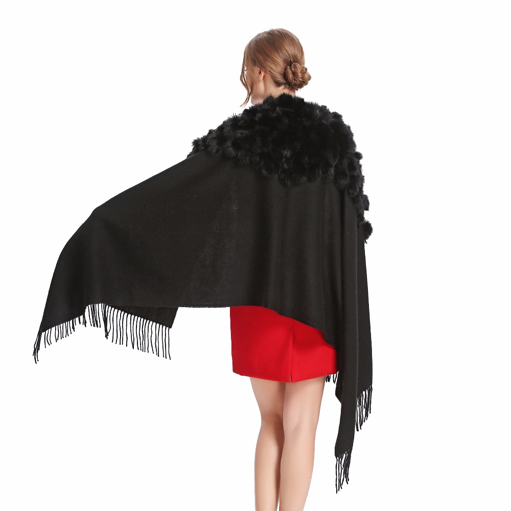 Écharpe Pashmina chaude pour femmes, châle en laine 2025 avec pompon en fourrure de lapin, pour l'automne et l'hiver, silencieux chauffe-cou à la mode