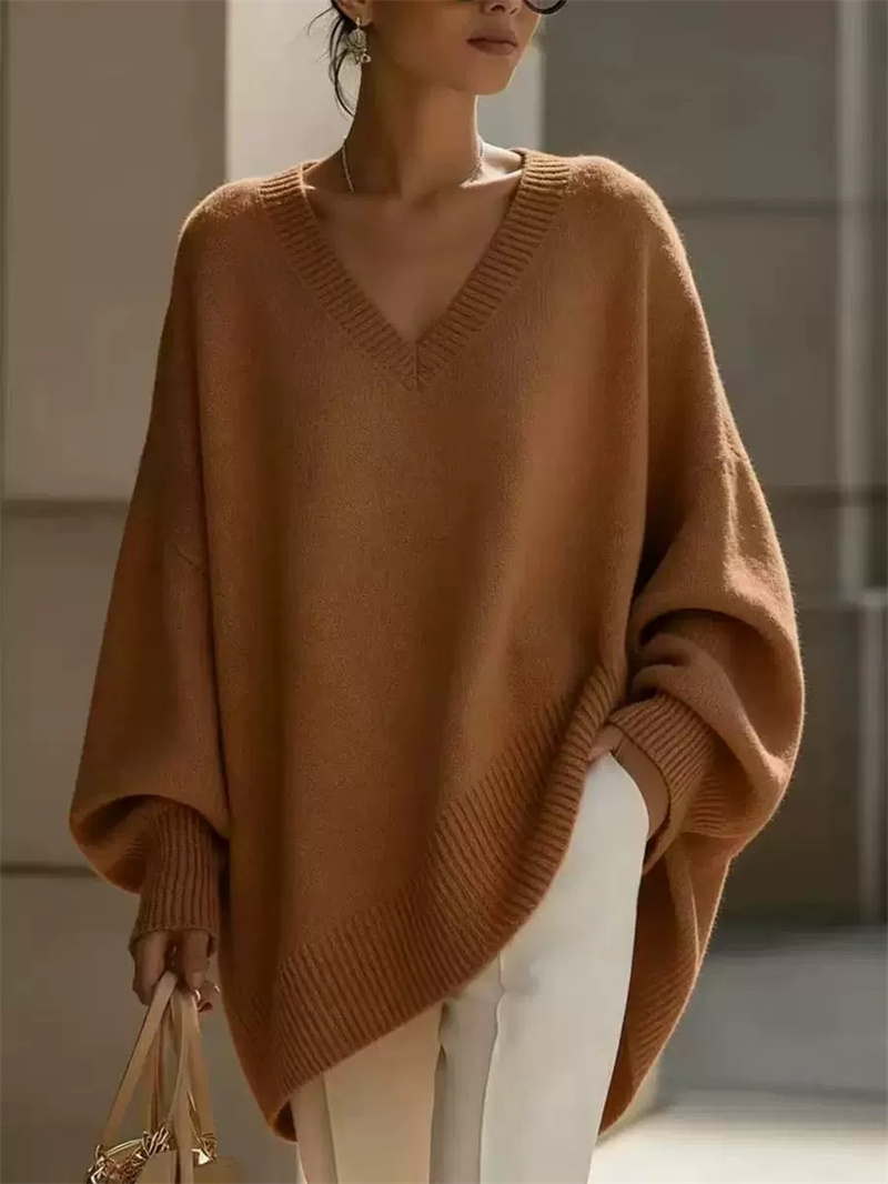 Pull en maille pour femme à manches chauve-souris, couleur unie, col en V, pull basique doux en tricot