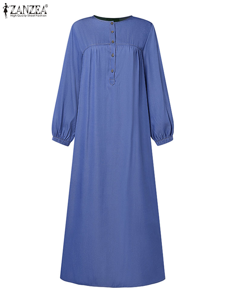 2024 ZANZEA femmes robes musulmanes Vintage Abaya Hijab robe Jilbab vêtements islamiques mode à manches longues Denim bleu Maxi robe d'été