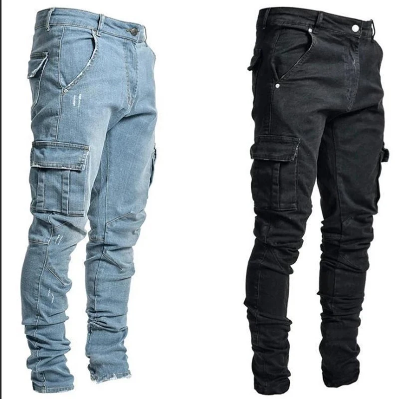 Jeans en denim élastique pour hommes, pantalon cargo multi-poches, coupe slim décontractée, jogging taille moyenne, document monochrome lavé, rue, fjwear, 03/Wear