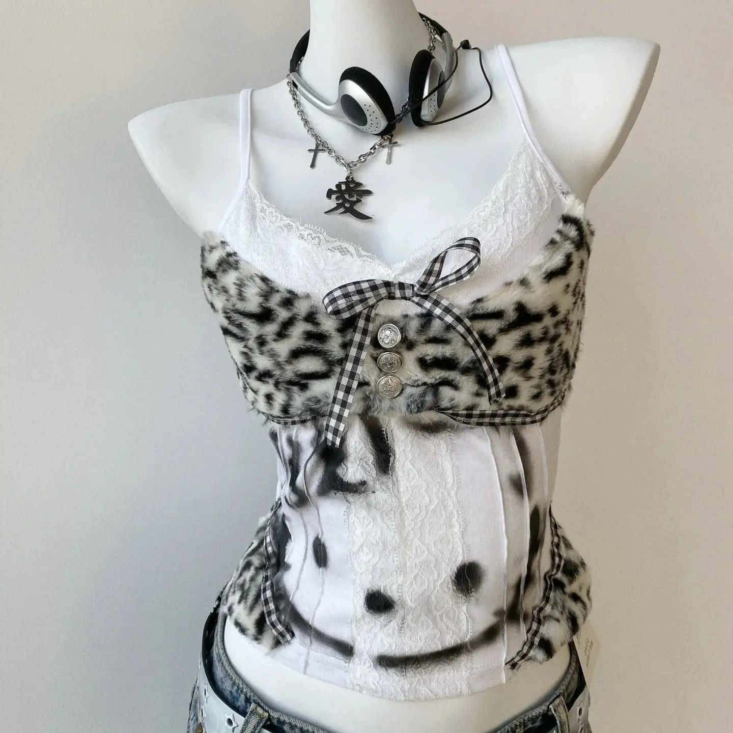 Débardeur léopard Patchwork pour femmes, garniture en dentelle, Camisole sans manches avec détail de nœud, esthétique Grunge, Sexy, Streetwear, gilet 2025