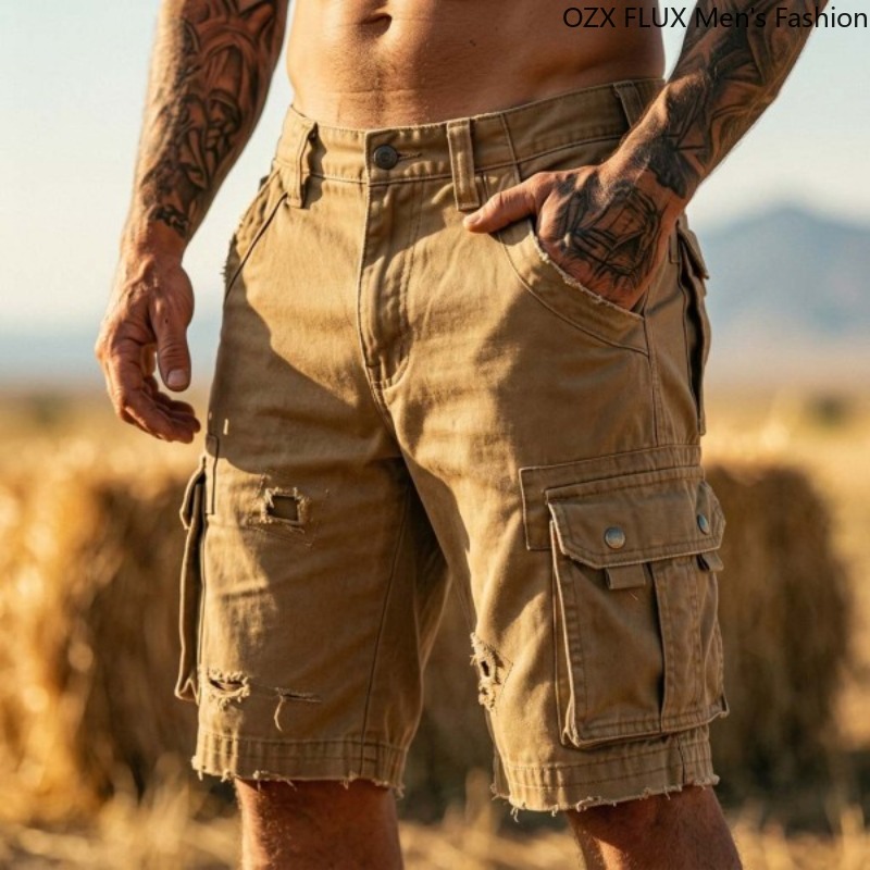 Shorts Cargo Homme Été Imperméables Respirants Extérieur Poches Zippées Décontractés Taille Élastique Tissu Gaufré Vêtements de Travail Lavés