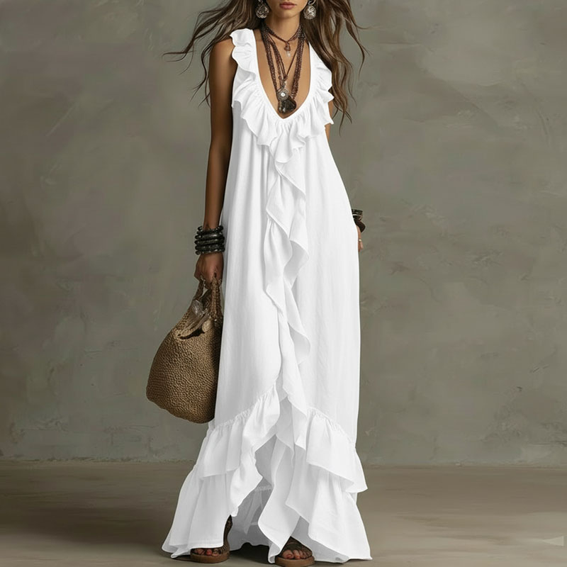 Robe longue maxi bohème à volants et ourlet irrégulier pour femme, col en V profond, ample, sans manches, unie, pour le printemps et l'été, idéale pour les fêtes et la plage, Nouvelle collection