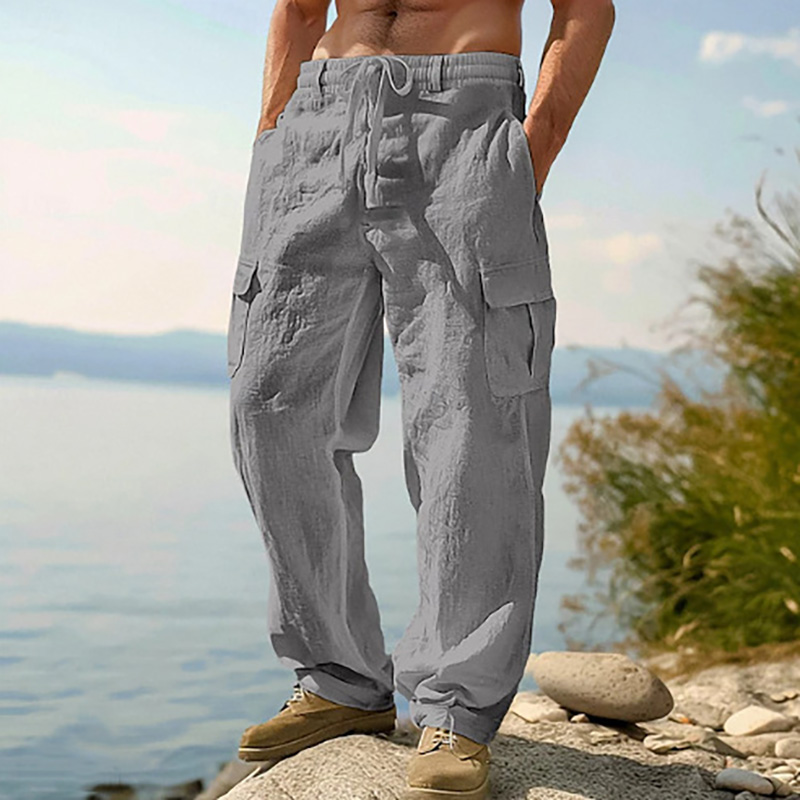 Nouveaux pantalons décontractés pour hommes, pantalons cargo amples et confortables, pantalons en coton et lin multi-poches, pantalons droits, pantalons fins pour la plage pour hommes