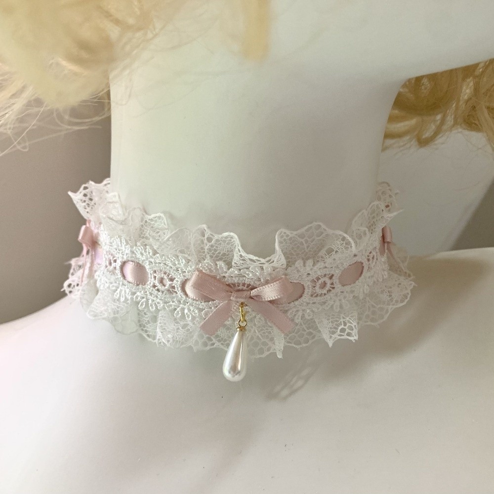 Collier en dentelle Lolita avec nœud en tissu, ruban en satin et pendentif goutte d'eau, accessoires de costume
