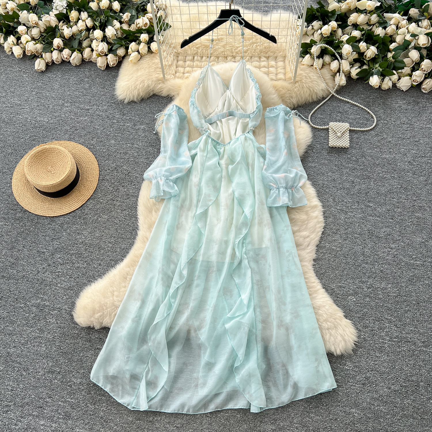 Robe sexy et slim, col en v, épaules dénudées, perles, Chic, été, fée, vêtements de vacances pour femmes, robes de plage
